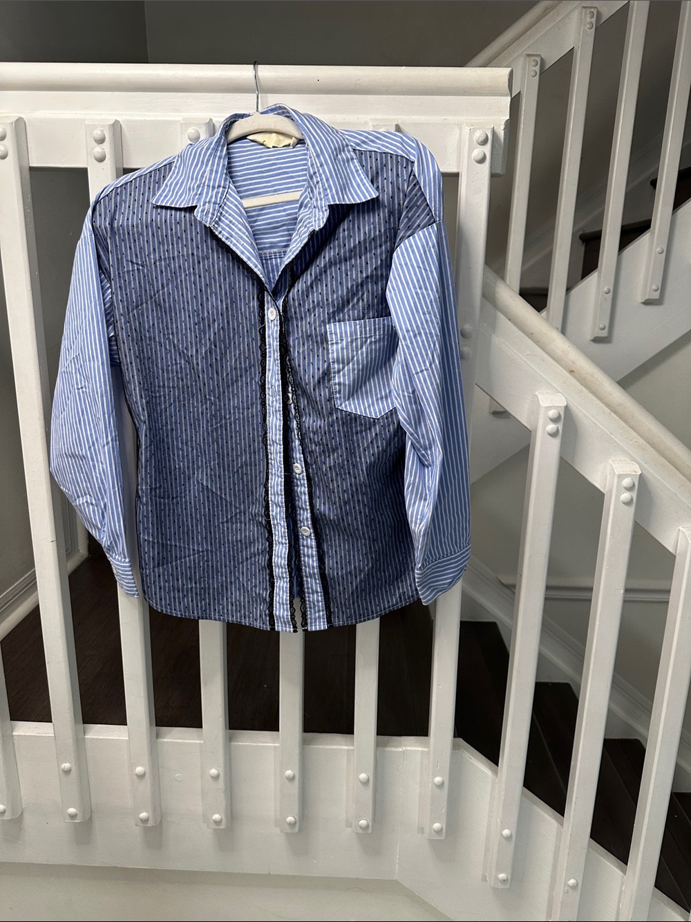 Womens Blue Striped Patchwork Button-Up Blouse